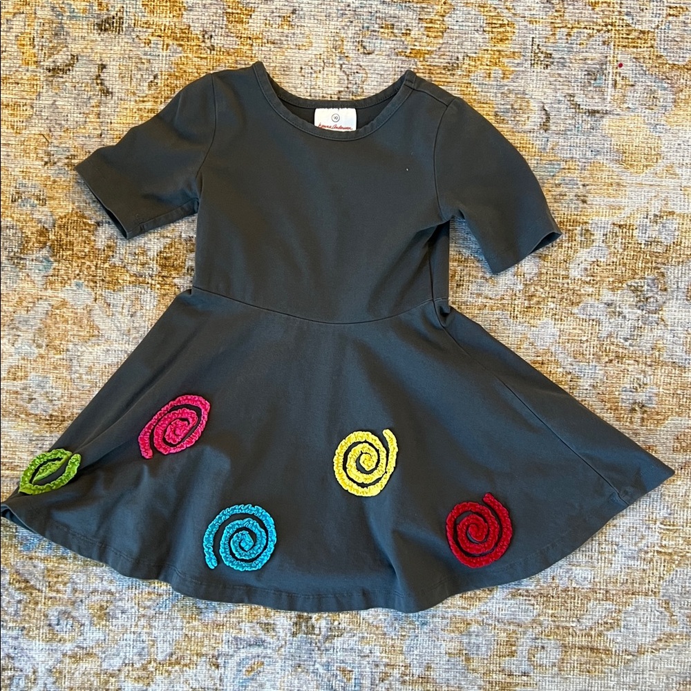 Hanna Andersson Black Dress with Multicolor Spiral Appliqués